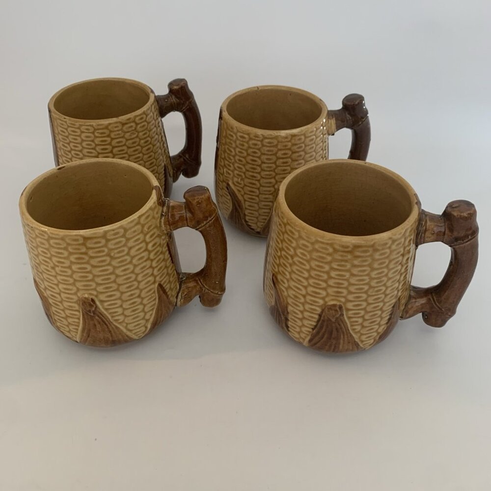 4 Vintage Majolica Pottery Coffee Mug Ear of Corn Brown Yellow Made in Japan
